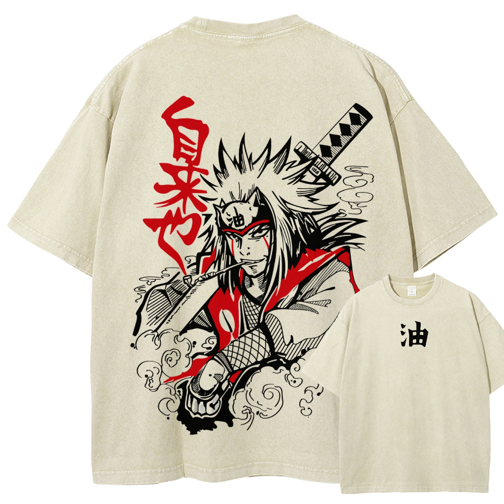 Naruto Sannin Jiraiya Printed Vintage Washed Tee Unisex Oversize Cotton T-shirt