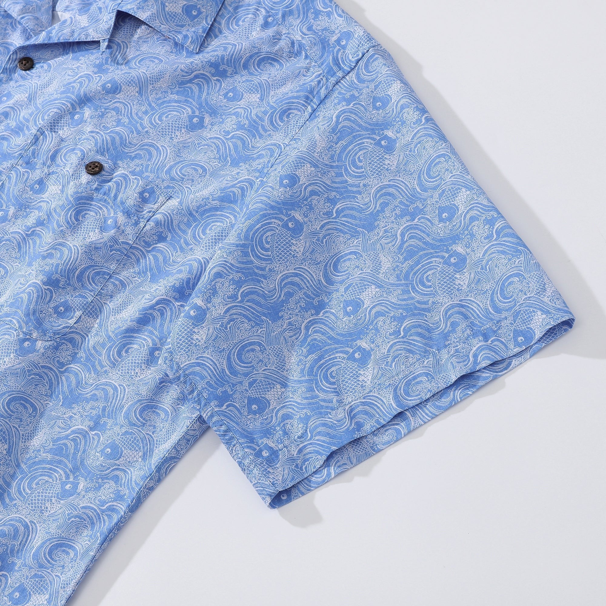 Hawaiian Shirts For Men Traditional Koi Carp Printed 100% Cotton Short Sleeve - Blue